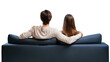 © Сергій Колесніков - Man and woman relaxing together on sofa hugging. Couple sitting on sofa back view on transparent background. PNG format