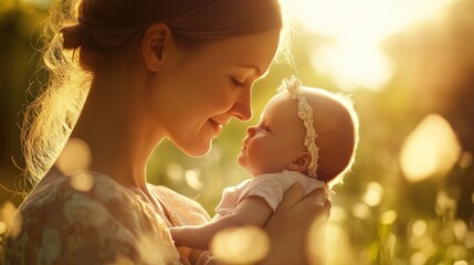 Canvas Print - A mother and her infant daughter gazing at each other with a warm smile on their faces.