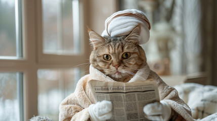 a cool cat with towel on head and white robe reading newspaper in morning, chilling cat life, spa life , cat fashion 