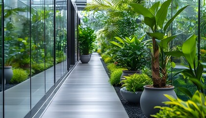 Contemporary indoor garden pathway with glass walls highlighting vibrant potted plants and lush greenery in a stylish modern environment