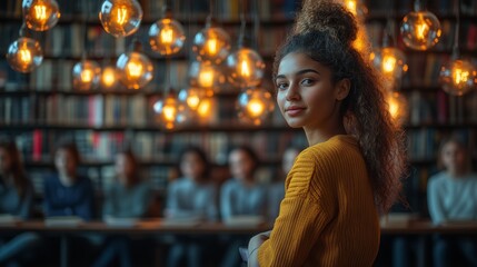 A woman stands holding a book in the foreground of a warmly lit library filled with students studying at tables, representing the concept of education and communal learning.