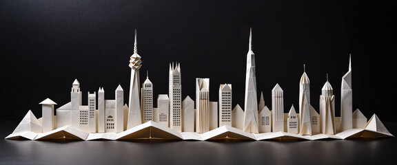 Wall Mural - Illustrative depiction of a cityscape or skyline made of paper and designed against a dark background