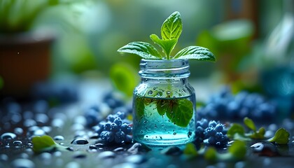 Wall Mural - Vibrant green plant in glass jar filled with blue liquid, surrounded by bottles and glistening water drops, capturing a sense of freshness and clarity