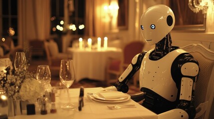 Canvas Print - A humanoid robot seated at a table with dinnerware in a dimly lit room.