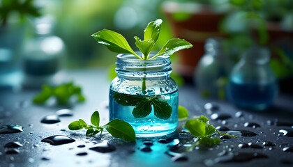 Wall Mural - Vibrant green plant in glass jar filled with blue liquid, surrounded by bottles and glistening water drops, capturing a sense of freshness and clarity