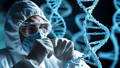 Wall Mural - Innovative Scientist Analyzing DNA Strand with Protective Gear in Blue-Toned Genetic Research and Biotechnology Setting