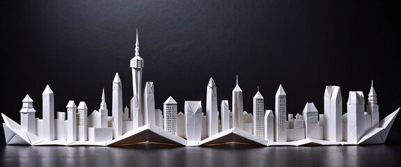 Wall Mural - Illustrative depiction of a cityscape or skyline made of paper and designed against a dark background