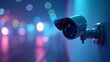 © GMeta - High tech CCTV camera on wall against colorful bokeh background