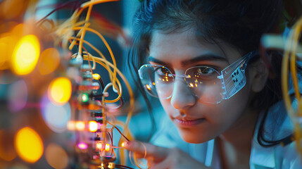 Electronic test An Indian girl student is inventing something while tinkering with wires and connections