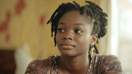 Wall Mural - Close-up Portrait of a Young Woman with Dreadlocks and a Thoughtful Expression