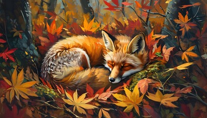 Wall Mural - Serene fox resting among vibrant autumn leaves, embodying the tranquil beauty of fall in the forest.