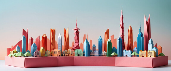 Wall Mural - Illustrative depiction of a cityscape or skyline made of paper and designed against a bright background