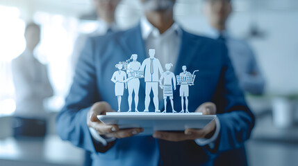 
business executive holding an ipad and presenting a miniature cross section of a walmart store cross section teeming with customers and indivudual leaders to the board of directors, who appear please