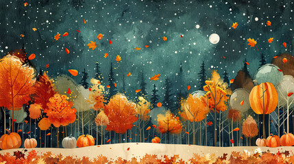 autumn trees orange and green in cold winter nights art, glowy stars and moon , snowfall , banner space for text ,can be used for invitation cards , thanks giving 