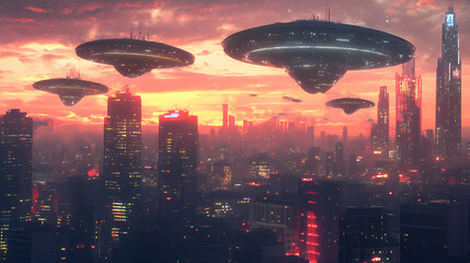 Wall Mural - Ufo armada over downtown. giant alien spaceships over the city. ufo invasion over the city of the planet earth. digital art., generative ai. Extraterrestrial Invasion. Illustration