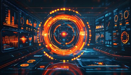 Futuristic digital interface featuring glowing orange and red circular elements highlighting advanced technology and dynamic data visualization