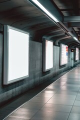 Sticker - A subway station with empty billboards on the wall, great for concepts of urban life, transportation, and advertising