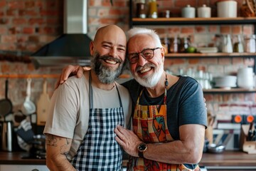 Canvas Print - Two individuals stand together in a modern kitchen setting