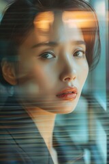 Wall Mural - A woman looks out a window with a blurry background, suitable for use in a scene about introspection or contemplation