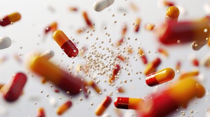 Poster - A close-up shot of various pills suspended in mid-air