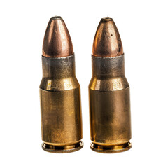 Two 9mm bullets are standing upright on a white background