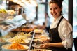 © Fotograf - A woman stands behind a counter filled with plates of food, ready to serve