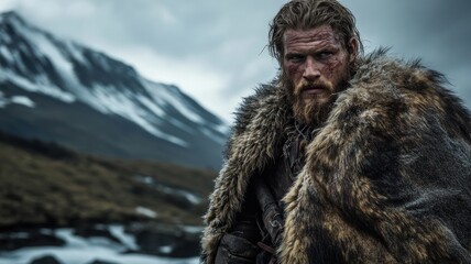 a fierce viking warrior with a scarred face and intense expression, standing in a snowy wilderness w