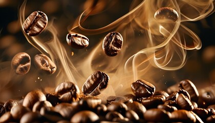 Wall Mural - Aromatic close-up of roasted coffee beans with rising smoke, capturing the rich essence of a fresh espresso experience