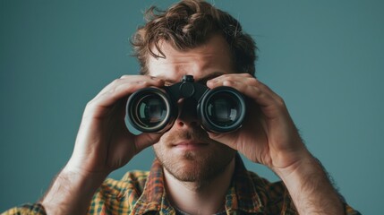 Canvas Print - A person observing with binoculars, great for outdoor activities or nature scenes