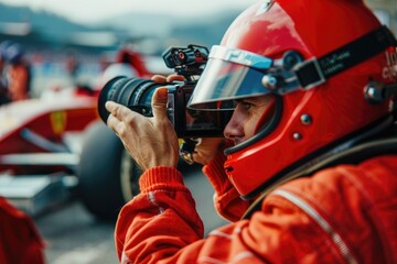 Poster - A person capturing the moment with their camera, focusing on a high-speed racing car