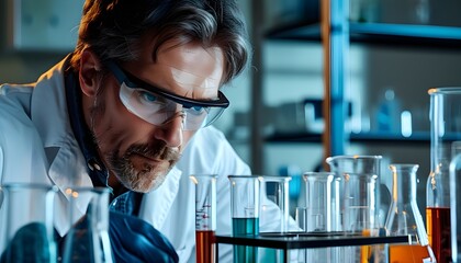 Innovative scientist in protective gear performing laboratory experiments with test tubes and advanced equipment in a state-of-the-art research facility