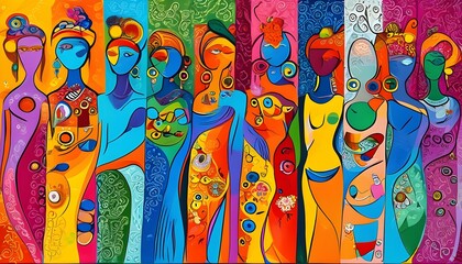 Vibrant multicultural tapestry of stylized characters in colorful abstract art