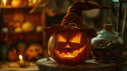 Sticker - A carved pumpkin with a witch's hat, perfect for Halloween decorations or costumes