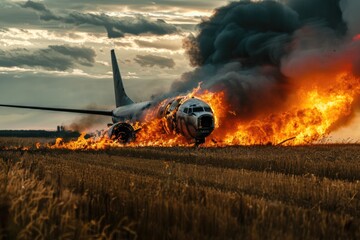 Canvas Print - A plane on fire in a rural field, with smoke and flames visible