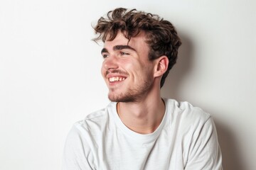 Canvas Print - A happy young person with curly hair, smiling in a white t-shirt