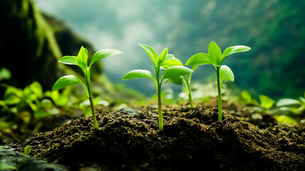 A group of young plants growing out of the ground.