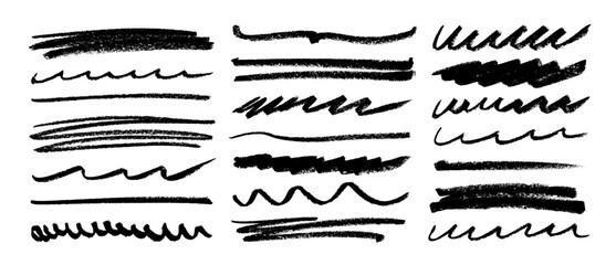 Poster - Crayon drawn underline stroke set. Straight and wavy rough lines, doodle stripes. Chalk lines, charcoal highlight strokes doodle set. Scratchy strokes with rough edges. Horizontal emphasis elements.