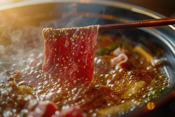 Poster - A warm pot of soup with a chopstick partially inserted, perfect for a cozy meal