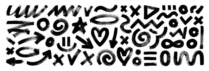 Funny basic geometric shapes, arrows, brush drawn bold squiggles. Various childish doodle grunge elements.