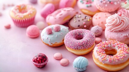 Assorted donuts and macarons in pastel colors arranged on a pink background