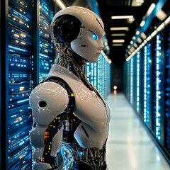 A humanoid robot female standing confidently in front of a futuristic server room, with sleek metallic limbs and glowing blue lights.