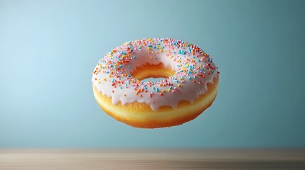 Floating donut with white icing and colorful sprinkles on wooden surface