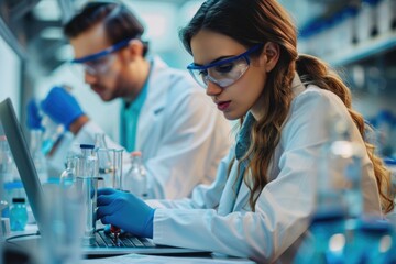 Poster - Two scientists working together on a laptop in a laboratory setting