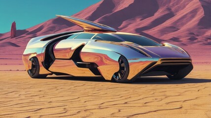 Incredibly futuristic vehicle, car in desert background