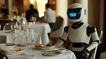 Wall Mural - A humanoid robot waiter serving food at a table in a restaurant