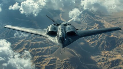 A military fighter jet soars through the sky on a mission. Military aircraft flying over the ground