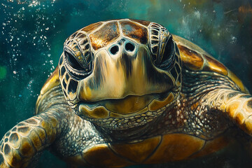 a beautiful cute turtle swim in deep ocean close up shot generated by AI