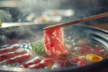 Poster - A hot pot filled with various meats and vegetables, perfect for a hearty meal or appetizer