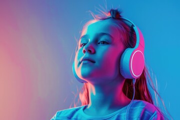 Wall Mural - A young girl wearing headphones looks up from her device, likely lost in her own world of music