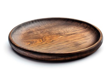 Poster - Close-up shot of a wooden plate on a white surface, perfect for use in still life photography or as a decorative element